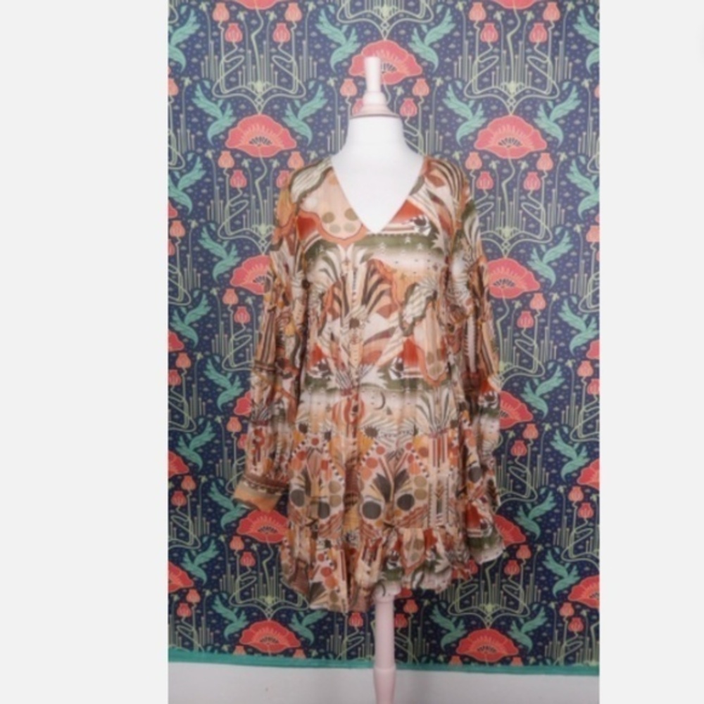 Chufy Femi Mini Giza Gold Long Sleeve A-Line Boho Dress S Nwt